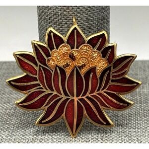 Vintage MMA 1985 Gold Tone Lotus Flower Brooch Red Enamel Pendant Pin